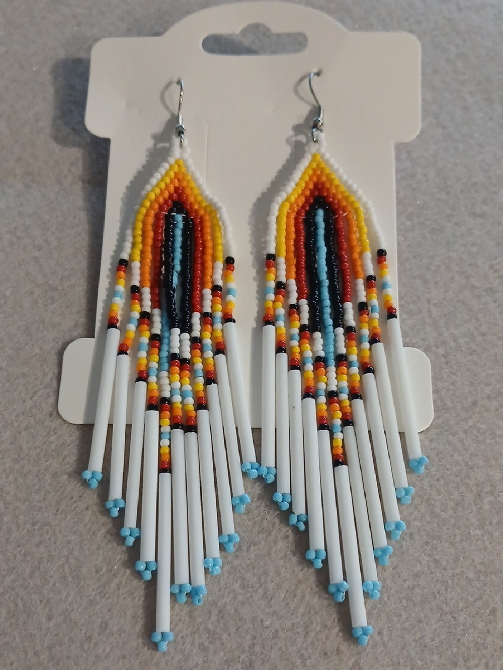 Colorful Beaded Fringe Earrings - White, Turquoise & Multicolor